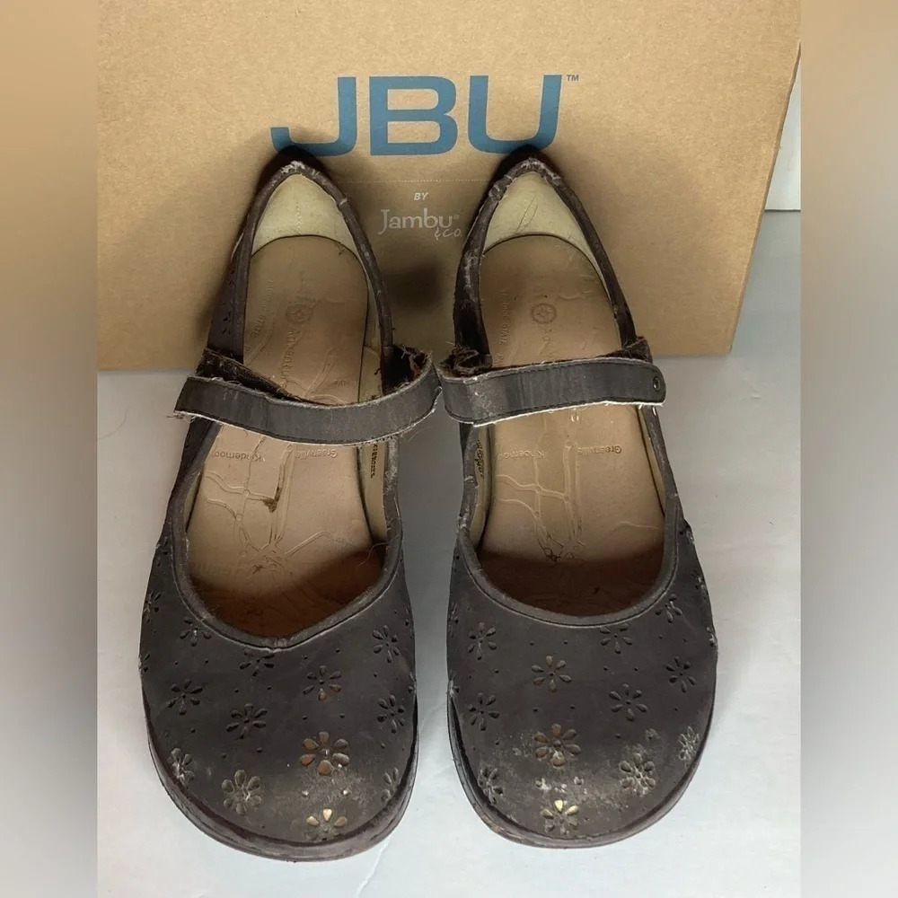 Jambu JBU J41 Mary Jane Wedge Shoes Brown/Gold Flowers Vegan Women’s Size 10M